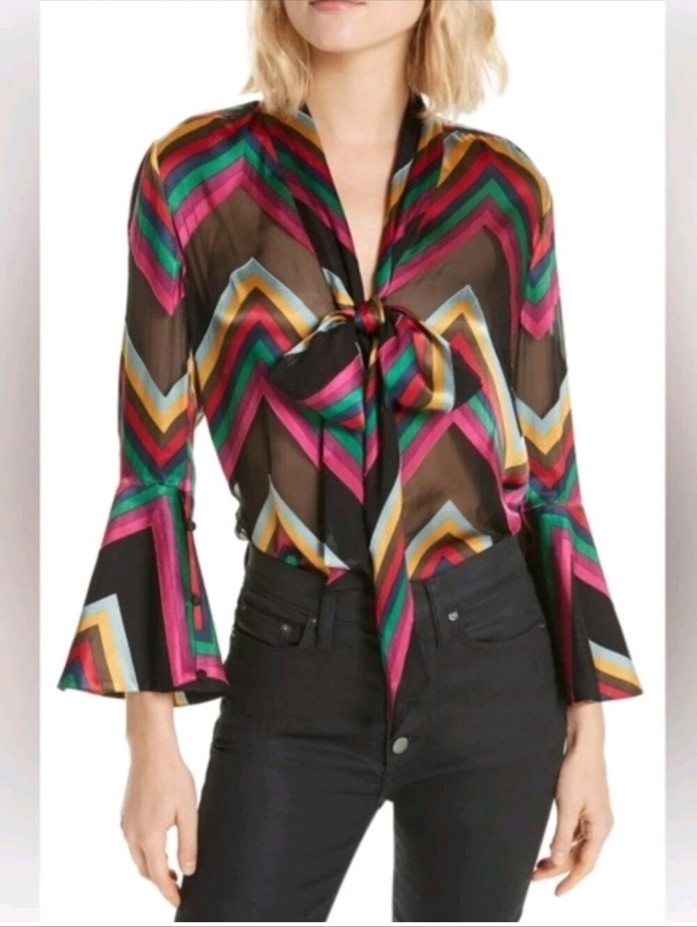 Alice + Olivia Merideth Flared Cuff Chevron Tieneck Blouse Size XS NWT